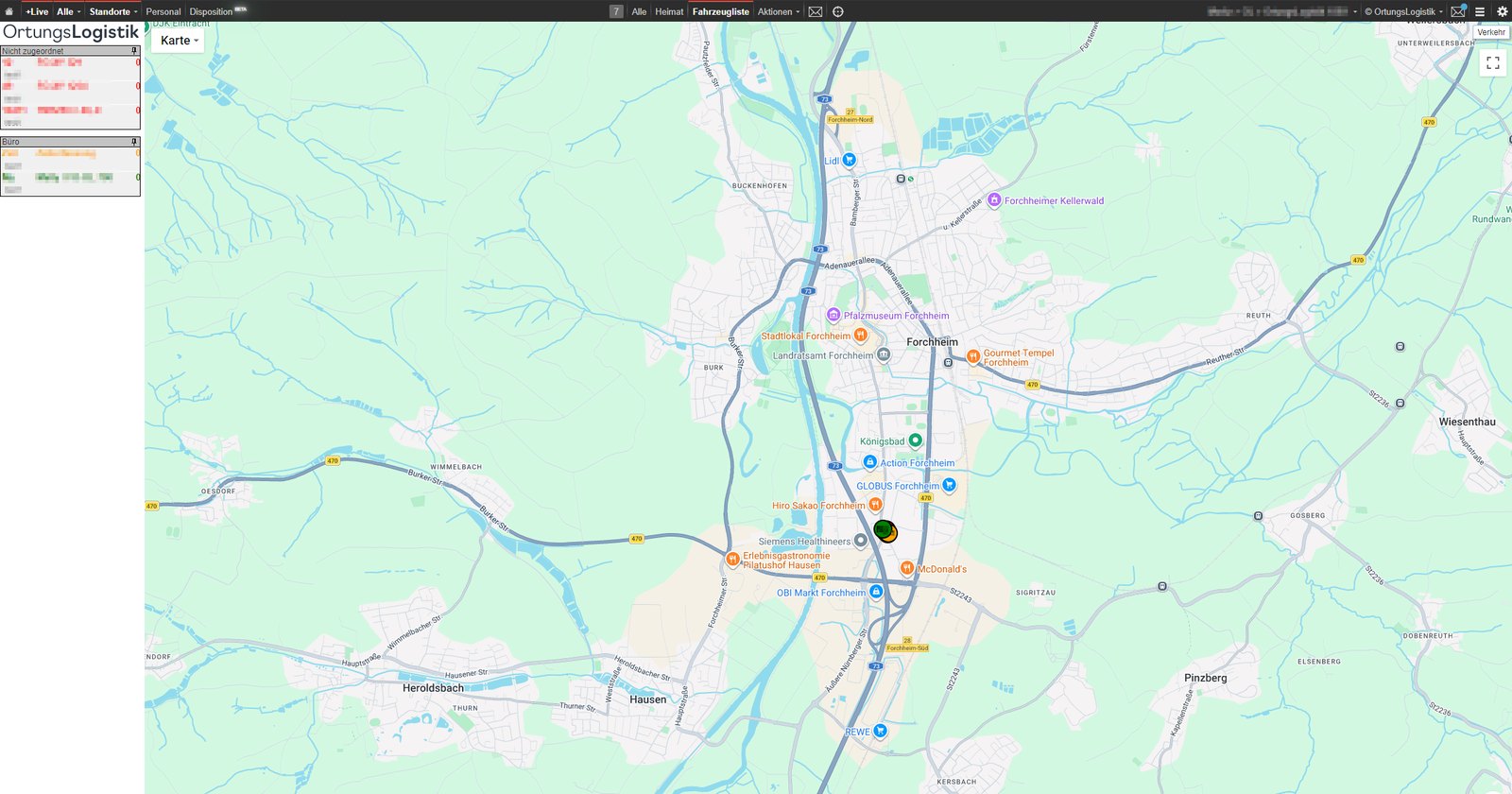 Live-Karte der Disposition: alle Fahrzeuge des Fahrdiensts in Echtzeit auf der Karte