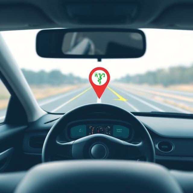 Ein Auto fährt auf einer Straße, während ein GPS-Symbol auf der Frontscheibe Fahrzeugortung anzeigt.