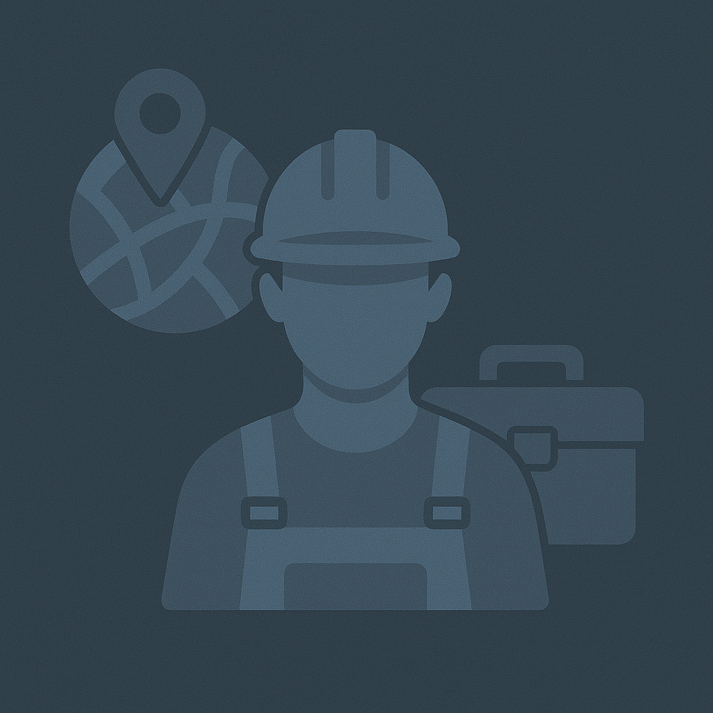 Ein Handwerker mit Helm steht vor einem GPS-Symbol, das auf effiziente Ortungslösungen hinweist.