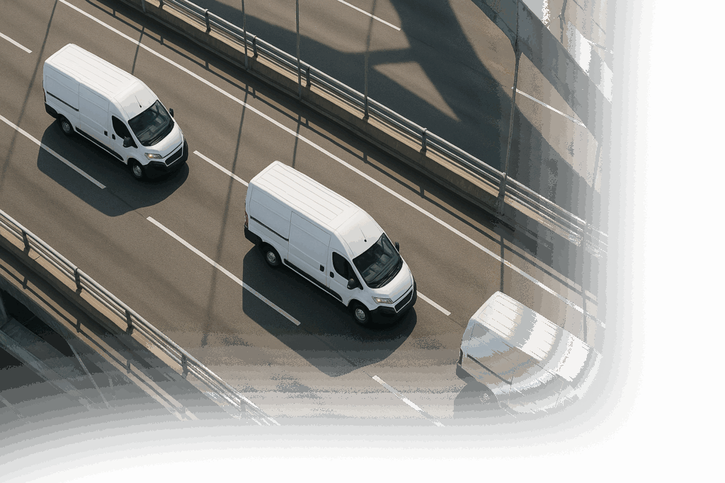 Drei weiße Lieferwagen fahren auf einer mehrspurigen Autobahn, ideal für moderne Fahrzeugortung und GPS Ortungslösungen.