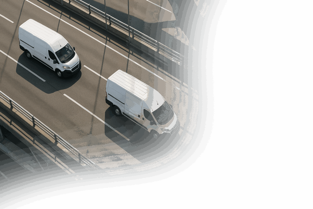 Drei weiße Lieferwagen fahren auf einer Autobahnbrücke, ideal für GPS Ortung und Fahrzeugortungslösungen.