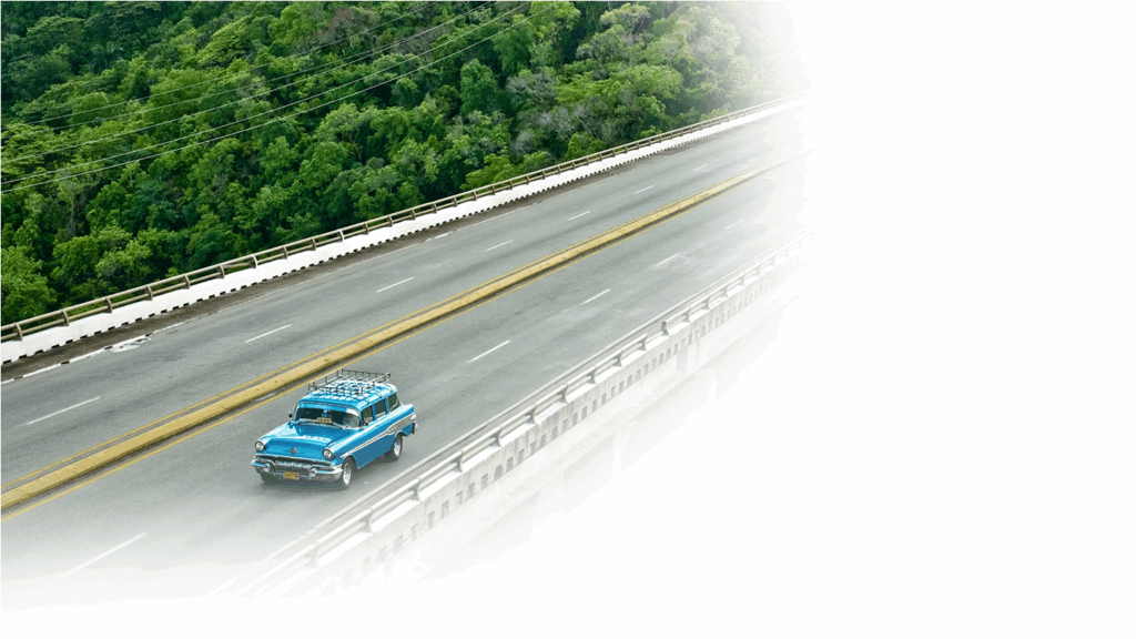 Ein blaues Auto fährt auf einer leeren Straße durch eine grüne Landschaft und nutzt GPS Ortung für präzise Fahrzeugortung.