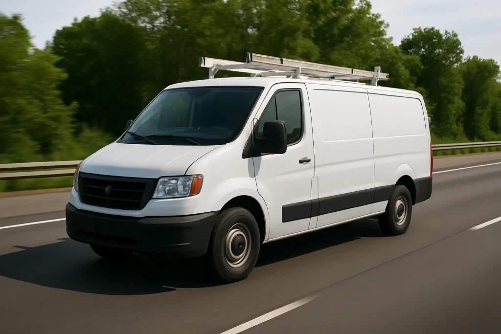 Ein weißer Lieferwagen fährt auf einer Autobahn, ideal für die effiziente GPS Ortung von Fahrzeugflotten.