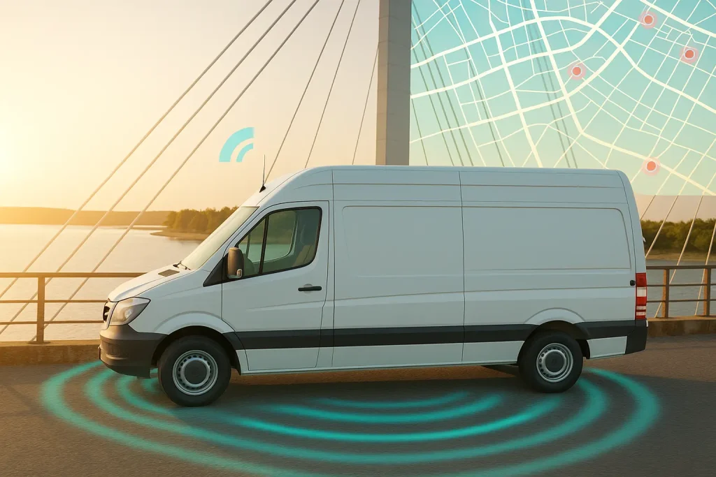 Ein weißer Lieferwagen mit GPS Ortung fährt über eine Brücke, während ein digitaler Kartenhintergrund seine Route zeigt.