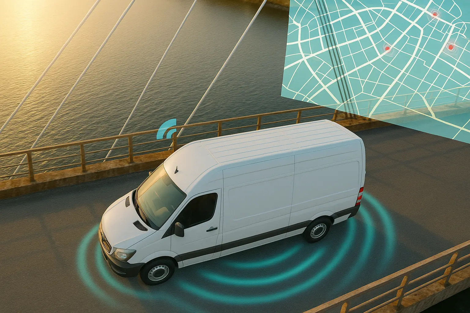Ein weißer Transporter auf einer Brücke wird durch GPS-Ortung überwacht, während eine digitale Karte darüber schwebt.