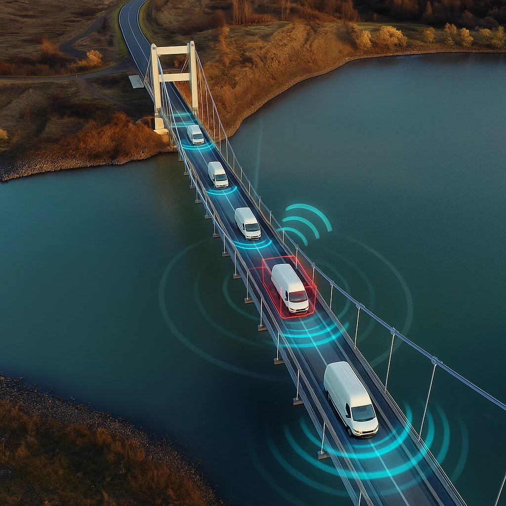 Fahrzeuge überqueren eine Brücke, während GPS Ortung durch farbige Wellen dargestellt wird.