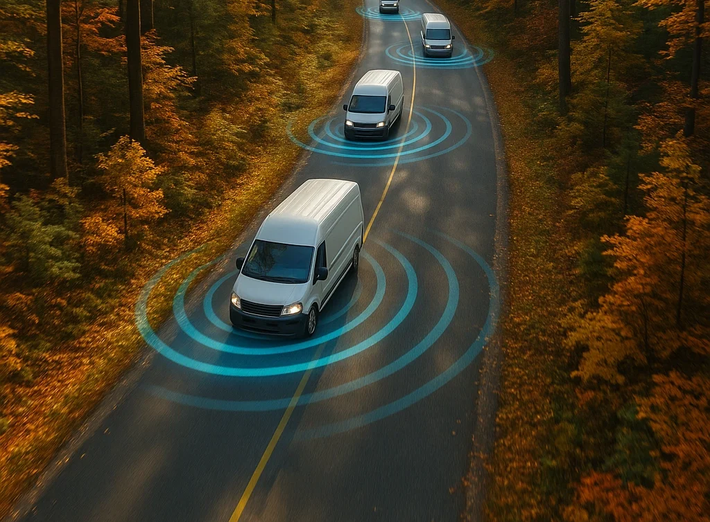 Auf einer herbstlichen Straße fahren mehrere Lieferwagen mit GPS Ortung, die ihre präzise Fahrzeugortung zeigen.