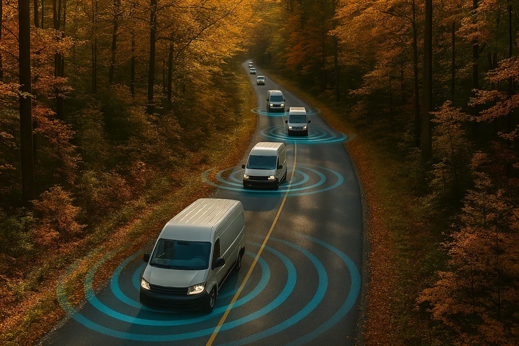 Fahrzeuge fahren auf einer herbstlichen Straße, umgeben von GPS-Ortungssignalen für effiziente Fahrzeugortung.