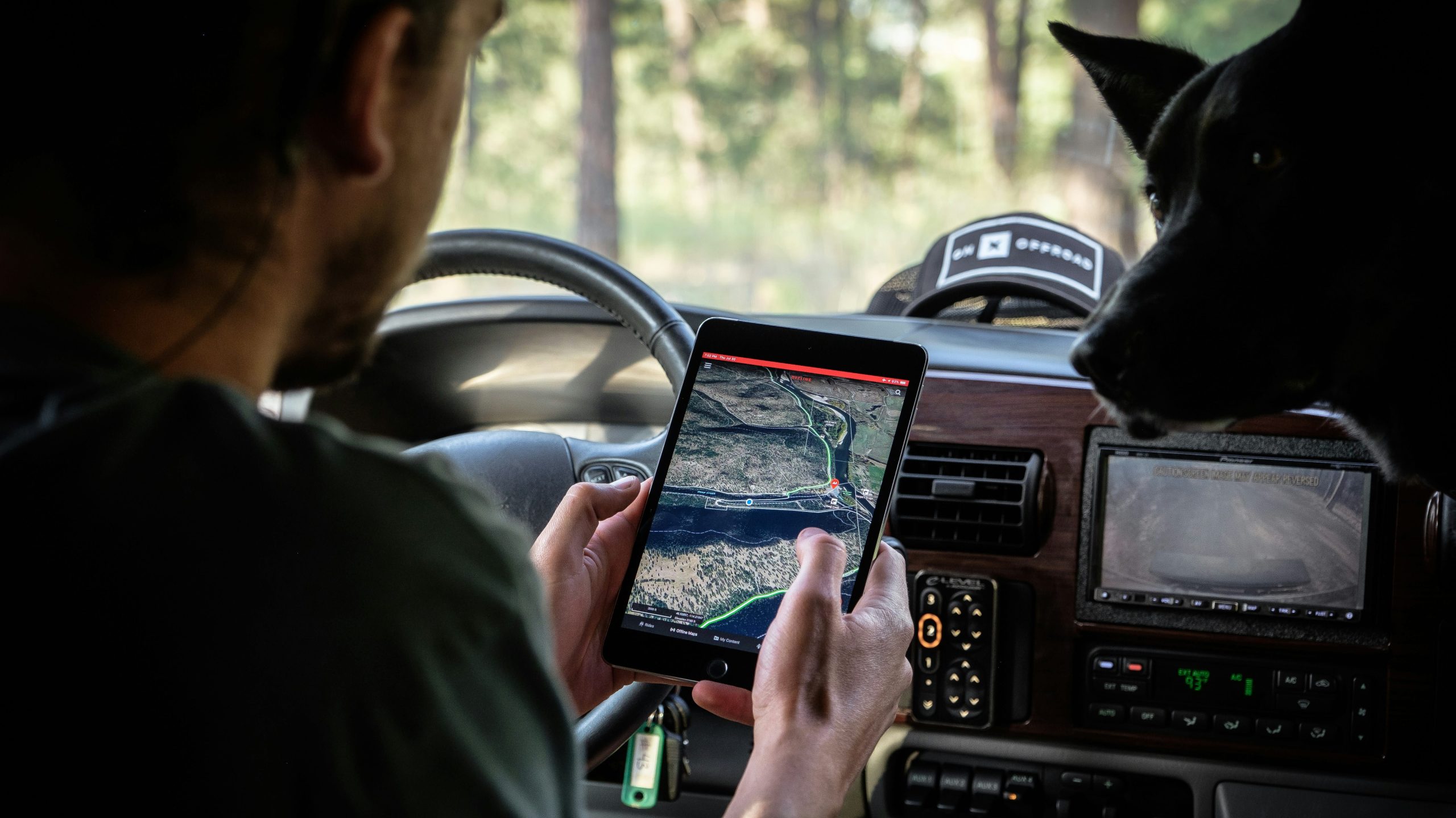 Ein Mann im Fahrzeug nutzt ein Tablet zur GPS Ortung, während ein Hund interessiert zuschaut.