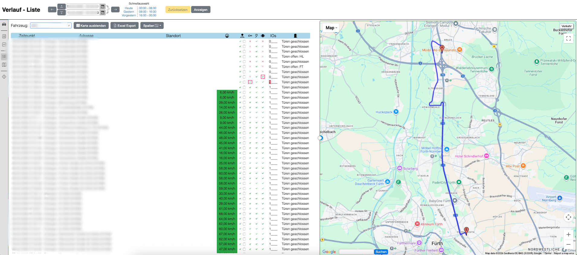 Eine detaillierte Karte zeigt die Fahrzeugortung mit GPS Ortung, die eine Route durch mehrere Städte abbildet.