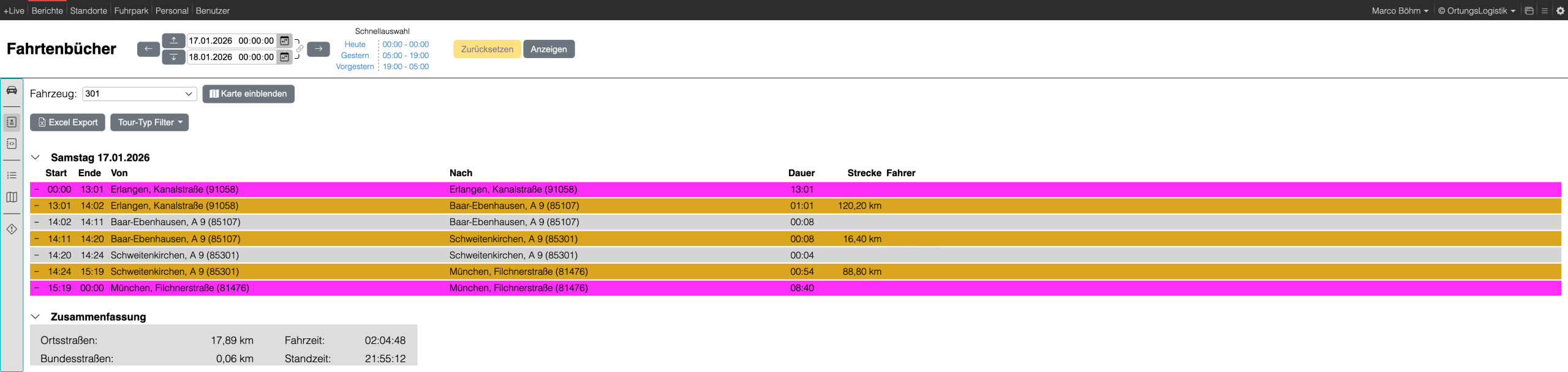 Ein digitales Fahrtenbuch zeigt detaillierte Informationen zur Fahrzeugortung und -strecke für den 17.01.2026.