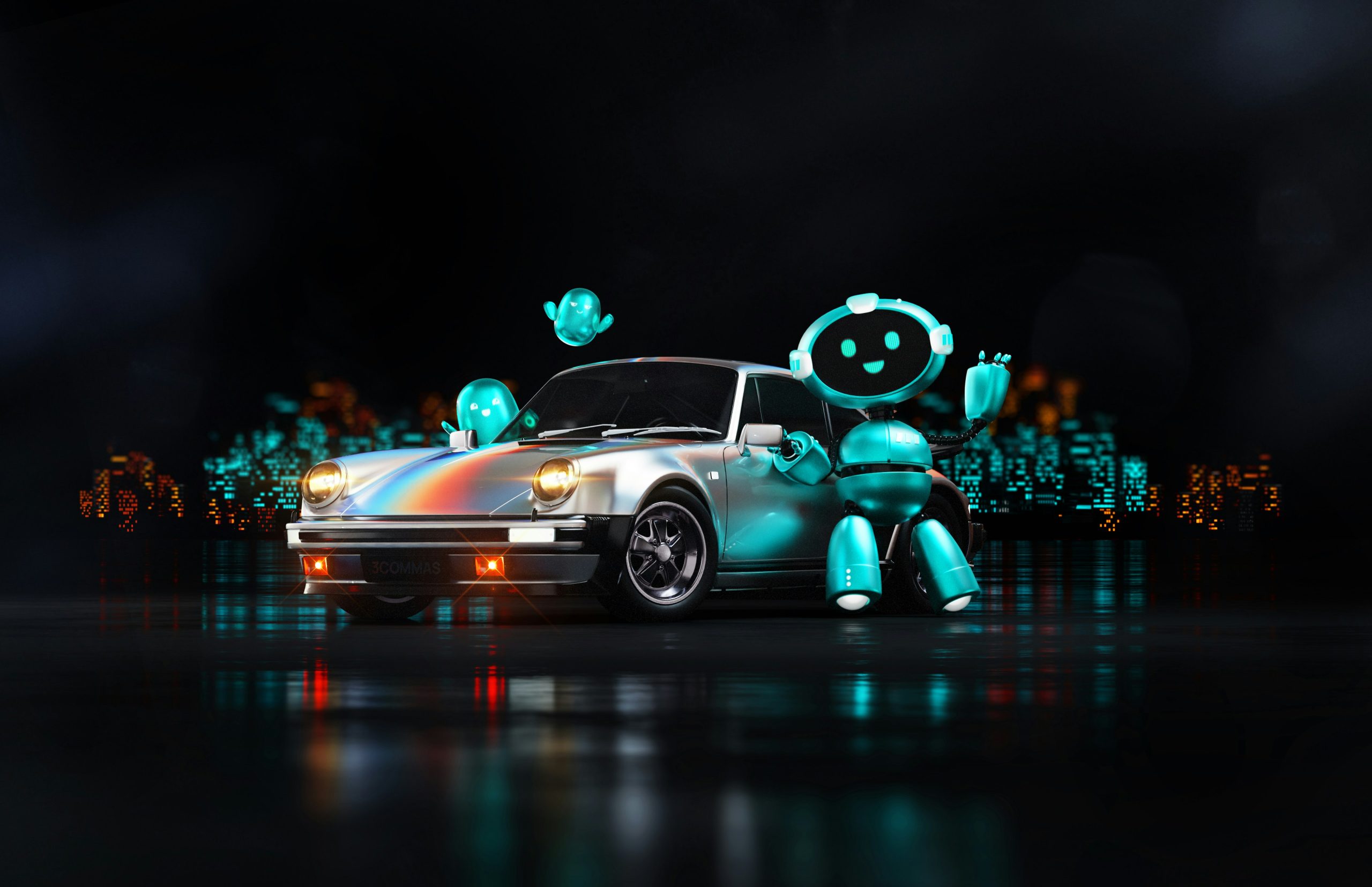 Ein futuristisches Auto mit leuchtenden Robotern im Hintergrund, das innovative Fahrzeugortungstechnologien symbolisiert.