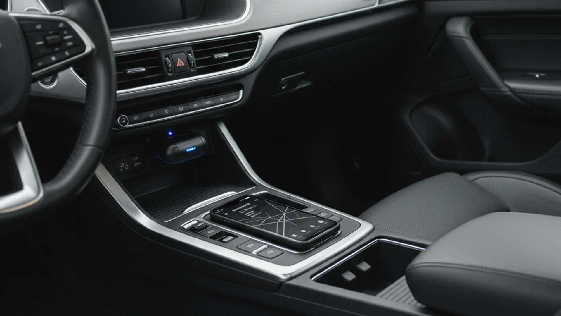 Ein modernes Fahrzeuginterieur mit einem GPS-Tracker und Bedienelementen für präzise Fahrzeugortung.